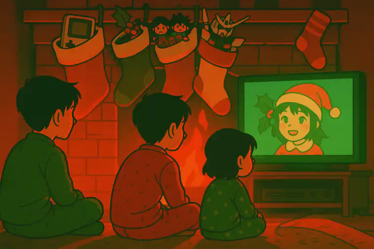 Kids hang in front of a mantle full of geeky anime and videogame stocking stuffersd