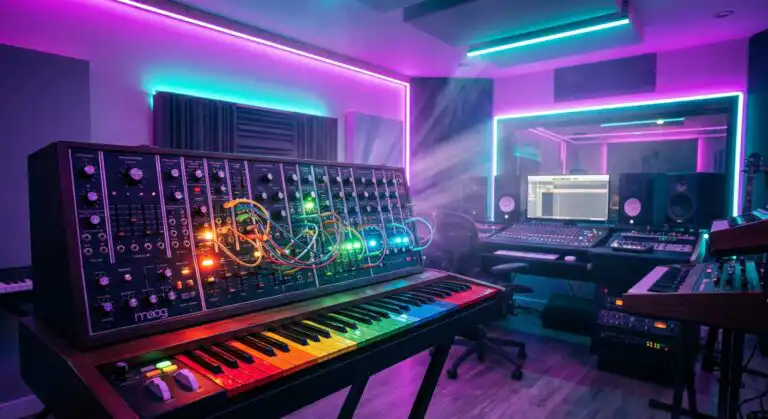 Colorful vintage synth in a modern studio with vintage synthesizers