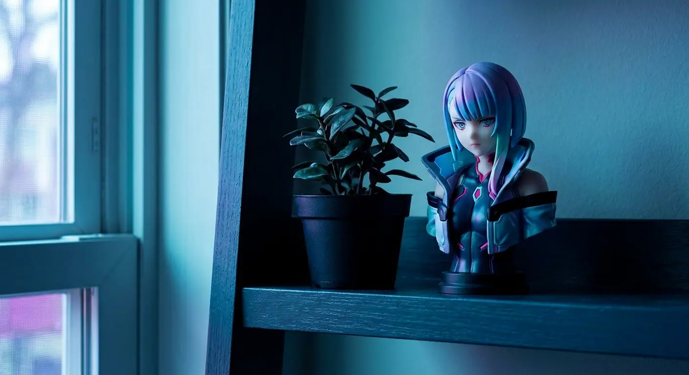Two things on a shelf, both slowly becoming something else.