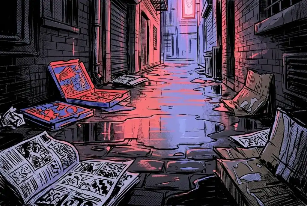 Jason Aaron and the "Alpha" Reset: Can the TMNT Survive Total Isolation? 1 Comic-style illustration of a dark, rain-soaked urban alley littered with open pizza boxes and comic books