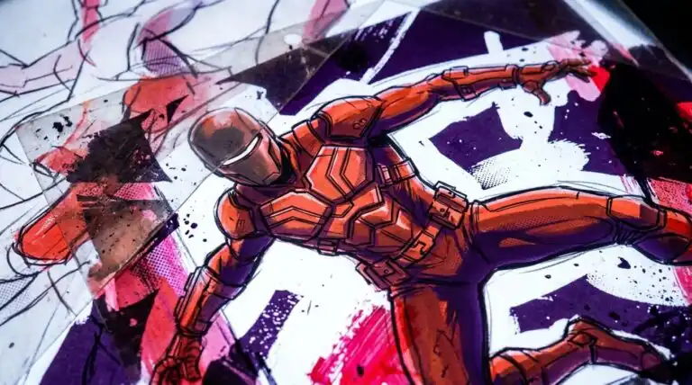 Comic book-style illustration of an armored superhero in an orange suit leaping dynamically against a purple and red abstract background