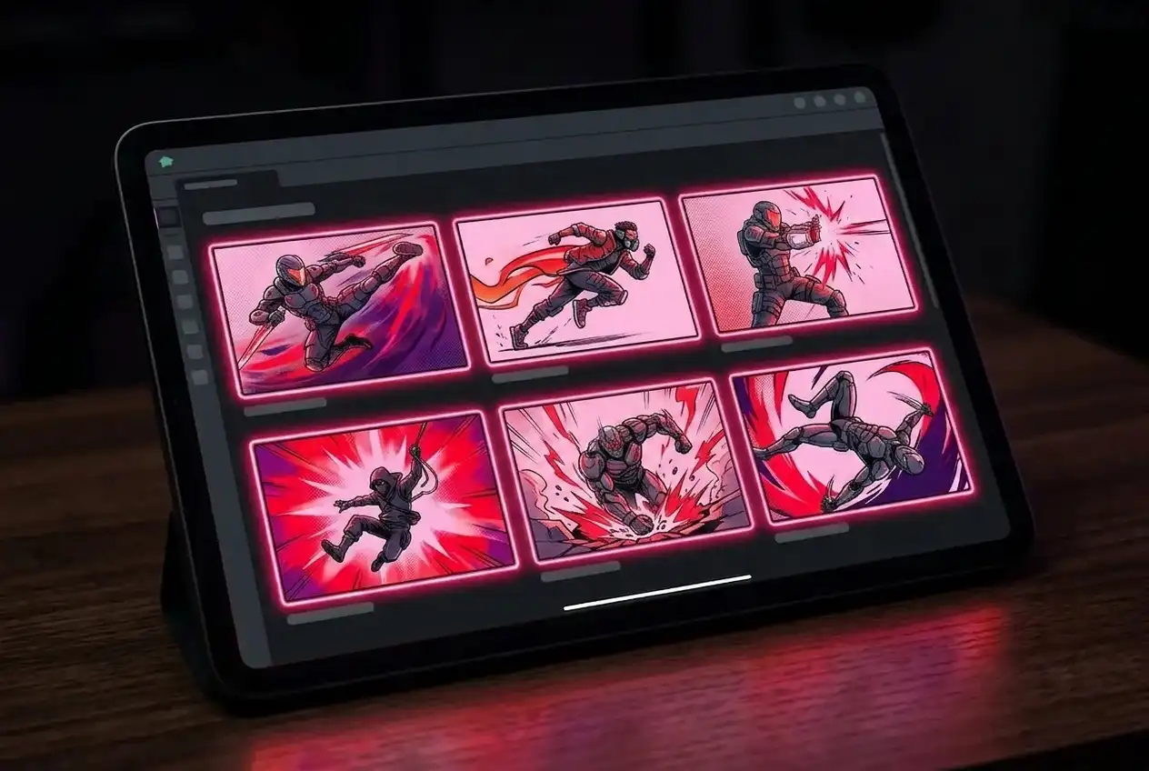 Sakuga Is What Anime Fans Call Animation That Announces Itself 2 Tablet displaying a grid of six AI-generated comic-style action panels featuring armored heroes and ninjas in dynamic poses