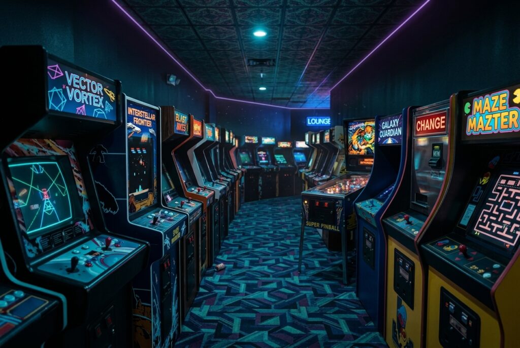 What Happened to Aladdin's Castle, America's Biggest Mall Arcade Chain 1 Dimly lit retro arcade with rows of classic cabinets including Vector Vortex, Interstellar Frontier, Galaxy Guardian, and Maze Mazter, with a neon Lounge sign in the background