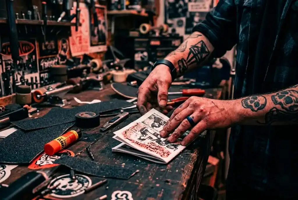 Tattooed hands working on a printed design at a cluttered skateboard workshop workbench with grip tape and tools
