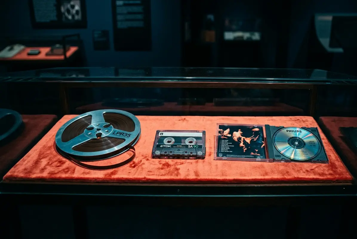 A cassette and compact disc representing two generations of recorded sound.