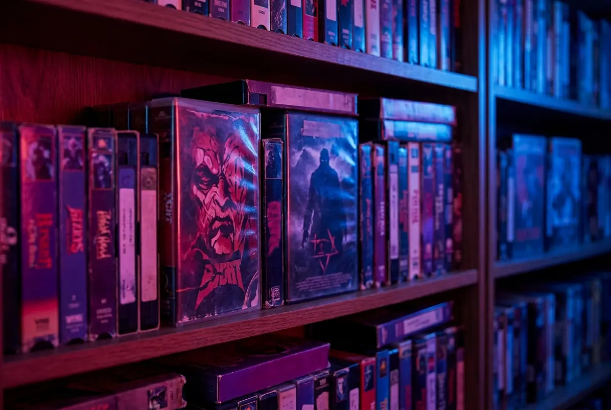The VHS Artwork Caught in Britain's Video Nasty Panic 2 Painted horror VHS covers displayed prominently on a rental shelf