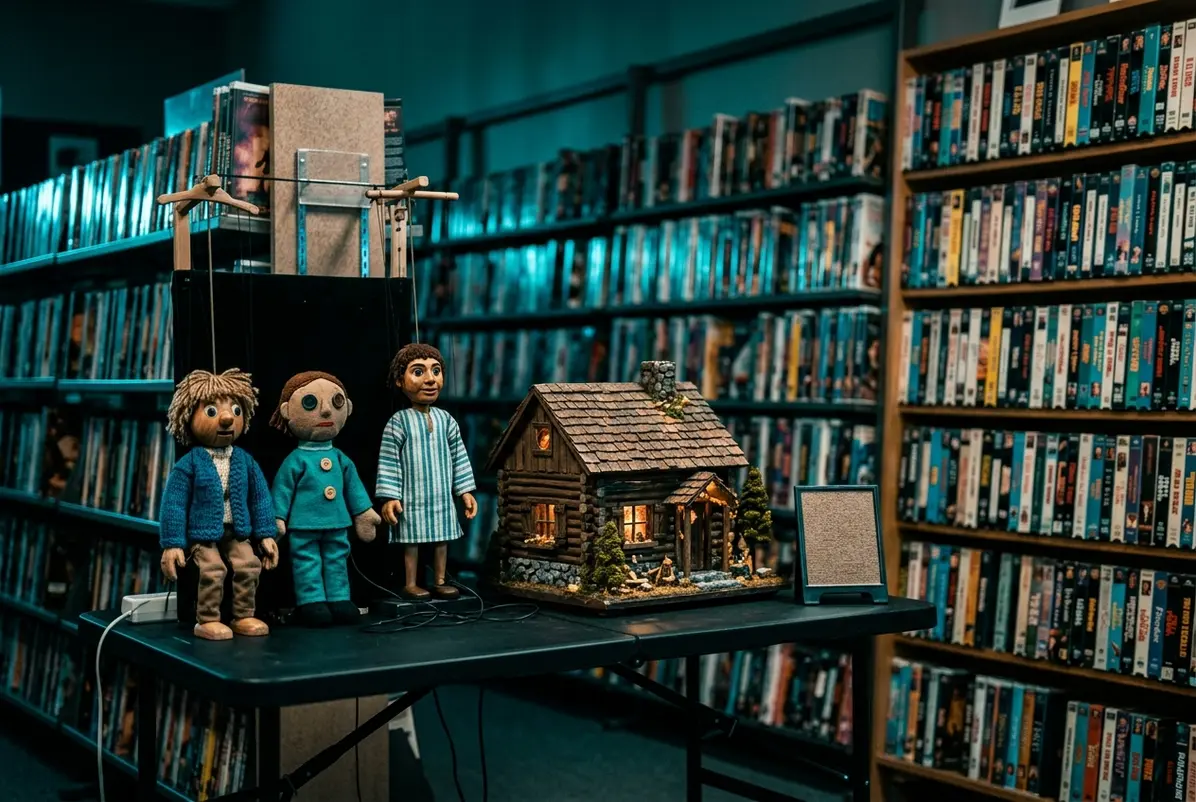 A Stop-Motion Capital Still Waits on Its Museum 3 Puppets on display between a video store's VHS shelves