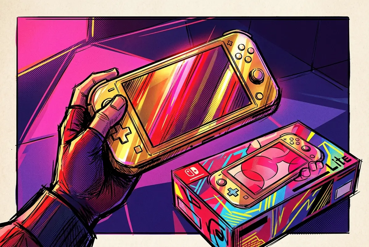 Analogue's Gold Pocket Shifts the Pitch From Accuracy to Scarcity 2 Illustration of a gold handheld console beside a boxed portable gaming system