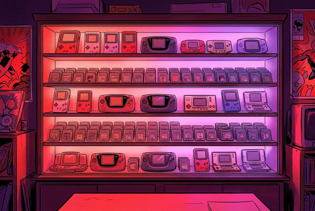 Analogue's Gold Pocket Shifts the Pitch From Accuracy to Scarcity 3 Illustration of a display cabinet filled with retro handheld consoles and cartridges