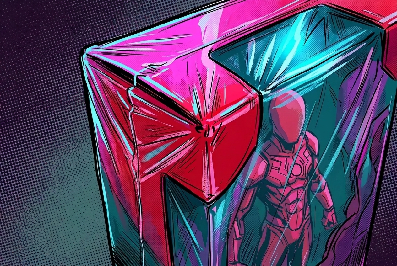 The Convention Exclusive Is No Longer Just a Queue 1 Comic book-style illustration of a masked superhero figure encased inside a glowing translucent cube with a cracked red surface