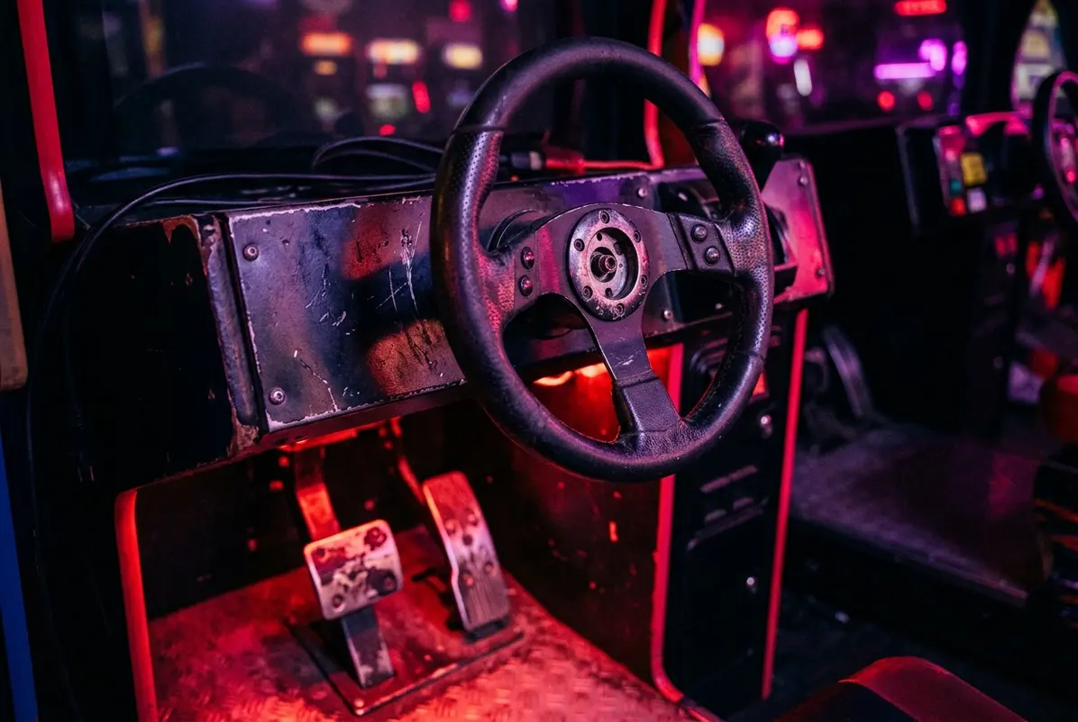 How the Death Race Panic Helped Sell More Cabinets 1 Steering wheel and pedals on a vintage arcade driving cabinet