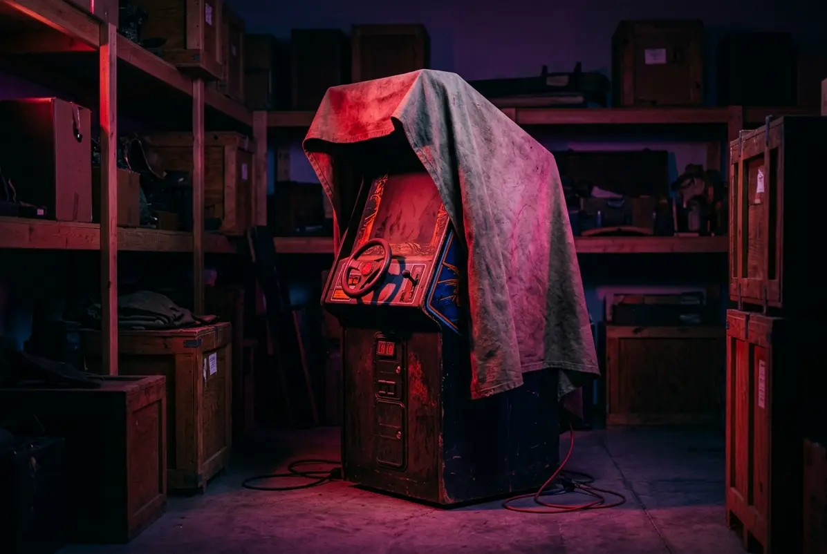 How the Death Race Panic Helped Sell More Cabinets 2 Vintage arcade cabinet partly covered while in storage