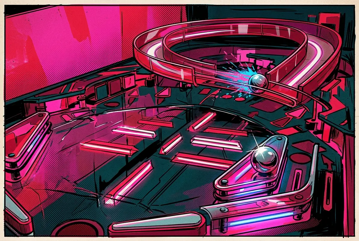 Pinball's Collector Tier Now Reaches $12,999 1 Stylized neon illustration of a pinball playfield with ramps, flippers and metal balls