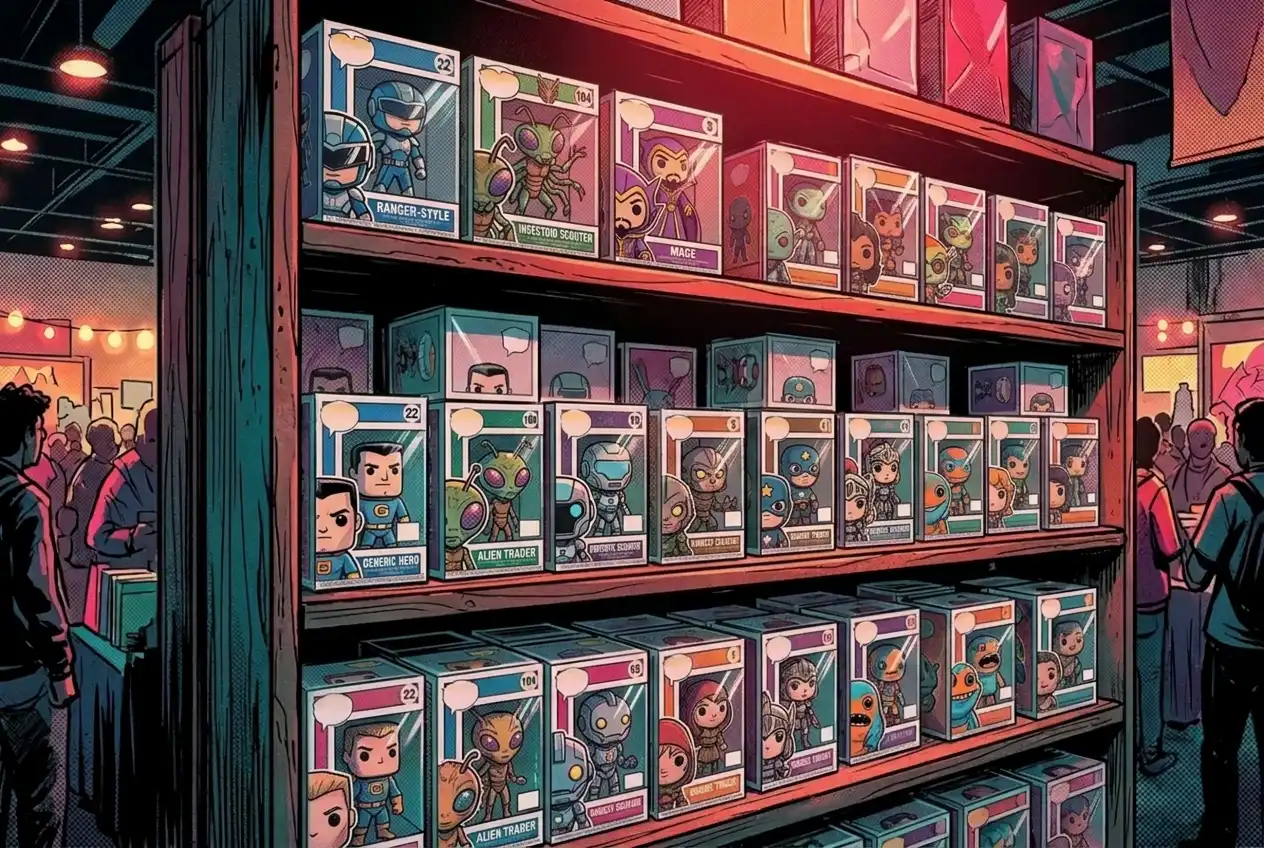 The Convention Exclusive Is No Longer Just a Queue 2 Comic-style illustration of shelves displaying collectible vinyl figures in boxes at a convention or hobby shop