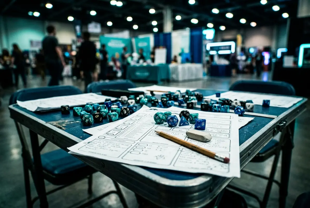 Dice, a pencil, and a character sheet crowd a folding table.