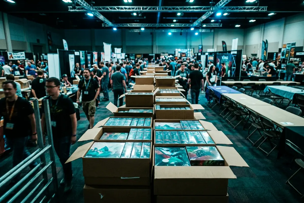 Shrink-wrapped game boxes stacked along a crowded exhibitor aisle.