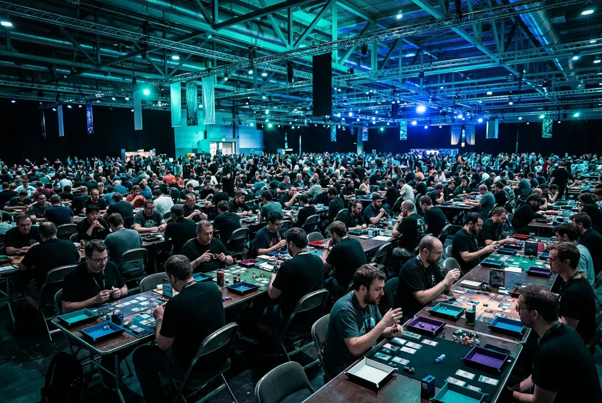 Convention hall floor packed edge to edge with gaming tables.