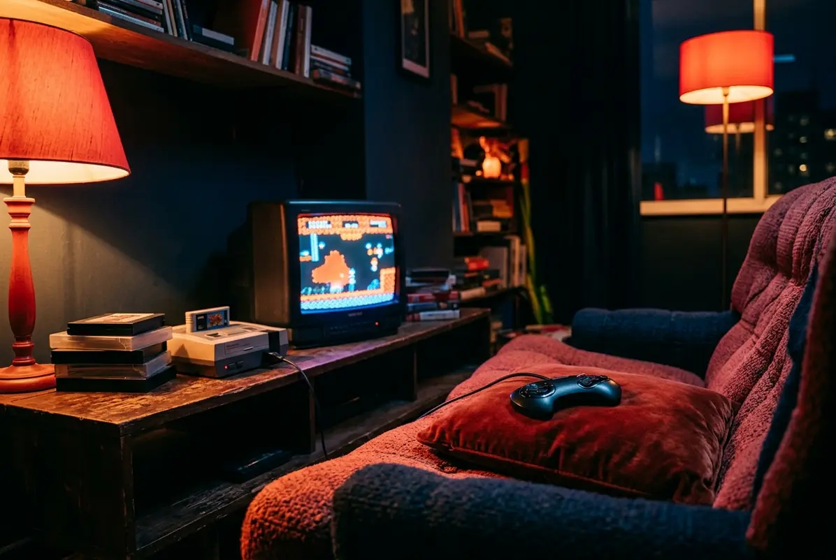 A console and a tube television, still cabled together for now