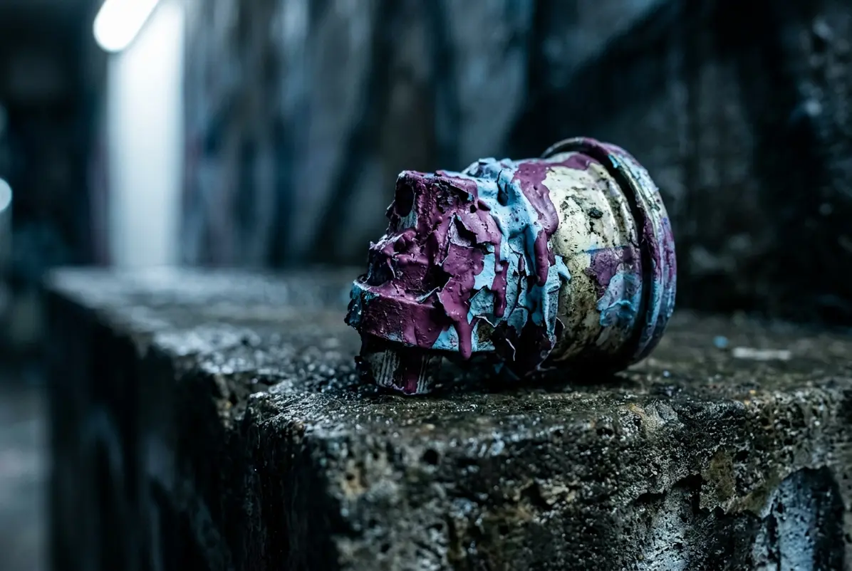 dried paint crusted at the tip of a well used spray can