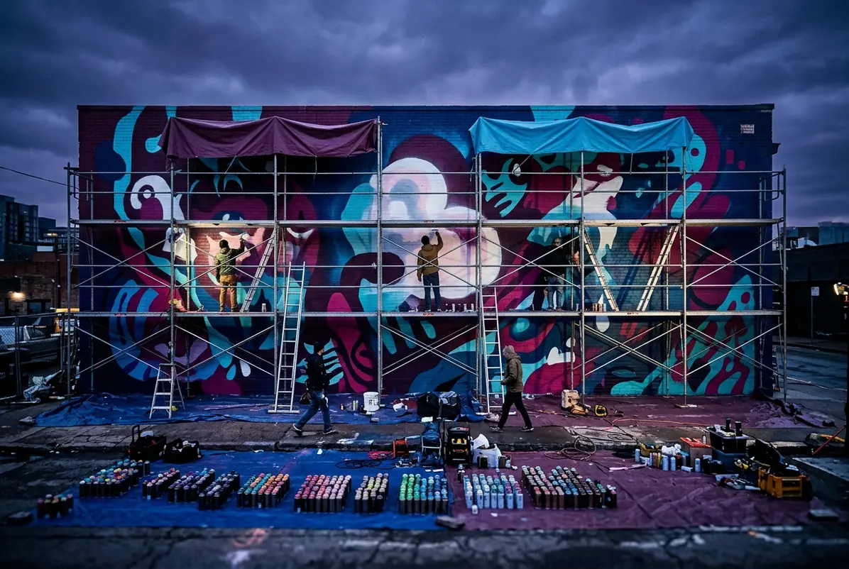 scaffolding and paint cans surround a wall session at a sanctioned festival