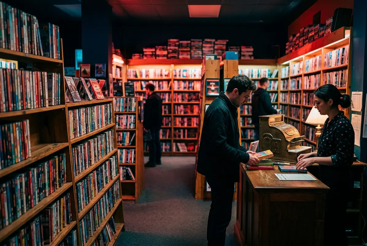 The VHS Comeback Is Selling Permanence, Not the Past 2 Shelves of rental cases waiting out another subscription cycle.
