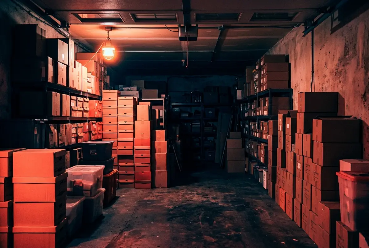 The VHS Comeback Is Selling Permanence, Not the Past 3 Inventory stacked in a garage ahead of a storefront opening.