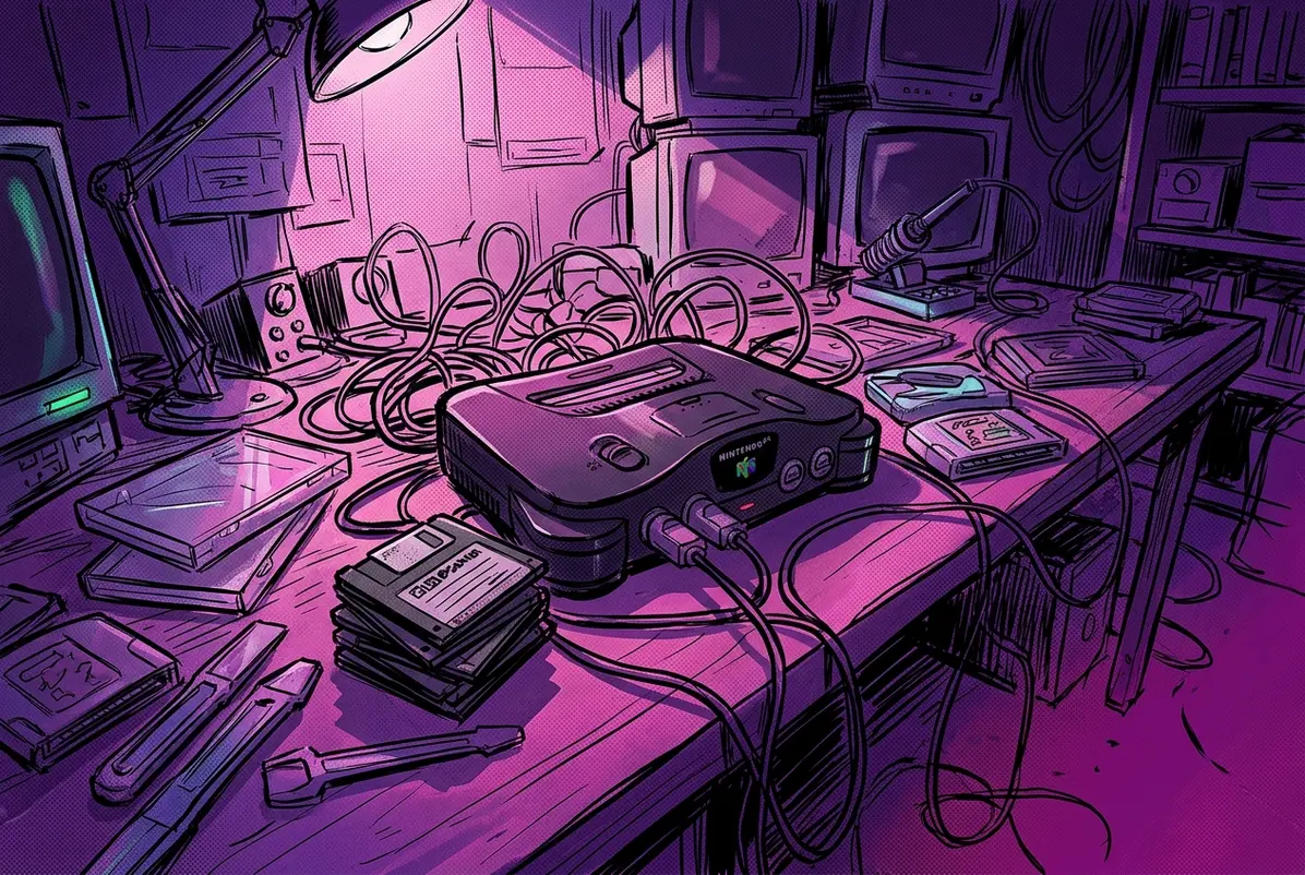 Two Flash Carts Revisit What Nintendo's Disk Drive Started 1 Nintendo 64 and 64DD hardware surrounded by cables and magnetic disks