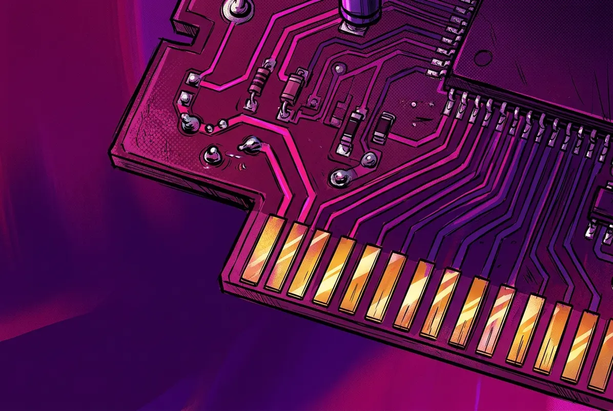 Two Flash Carts Revisit What Nintendo's Disk Drive Started 2 Close-up illustration of a flash cartridge circuit board and its gold edge connector