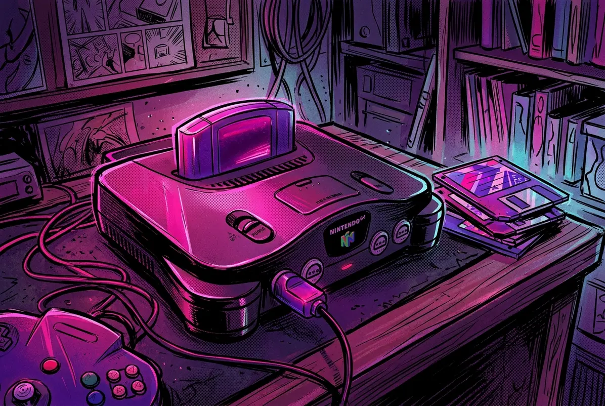 Two Flash Carts Revisit What Nintendo's Disk Drive Started 3 Nintendo 64 running with a cartridge while magnetic-style game disks sit beside the console