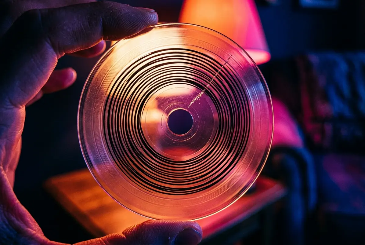 Concentric waveform rings on a clear disc stand in for a recorded band