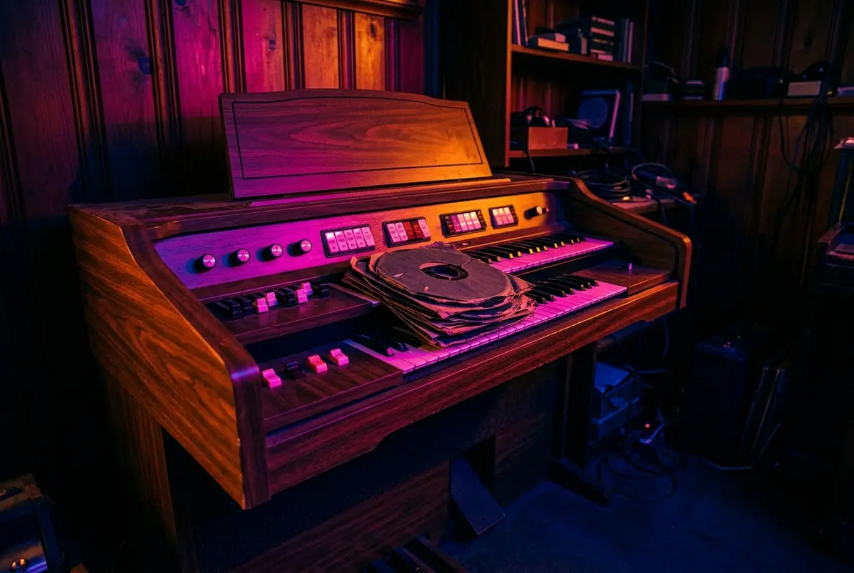 A 1970s console organ with its disc sleeves stacked on the keys