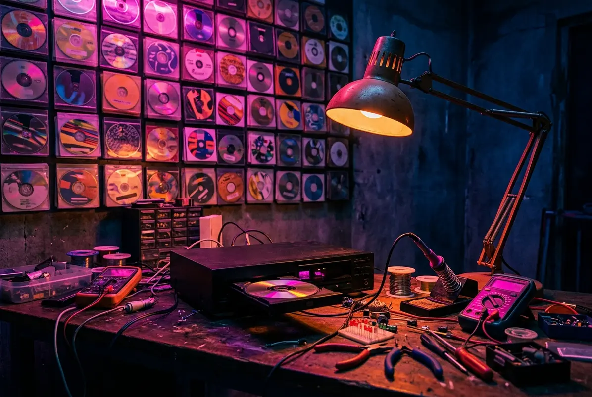 A workbench where a modern player and stacked disc sleeves share the room
