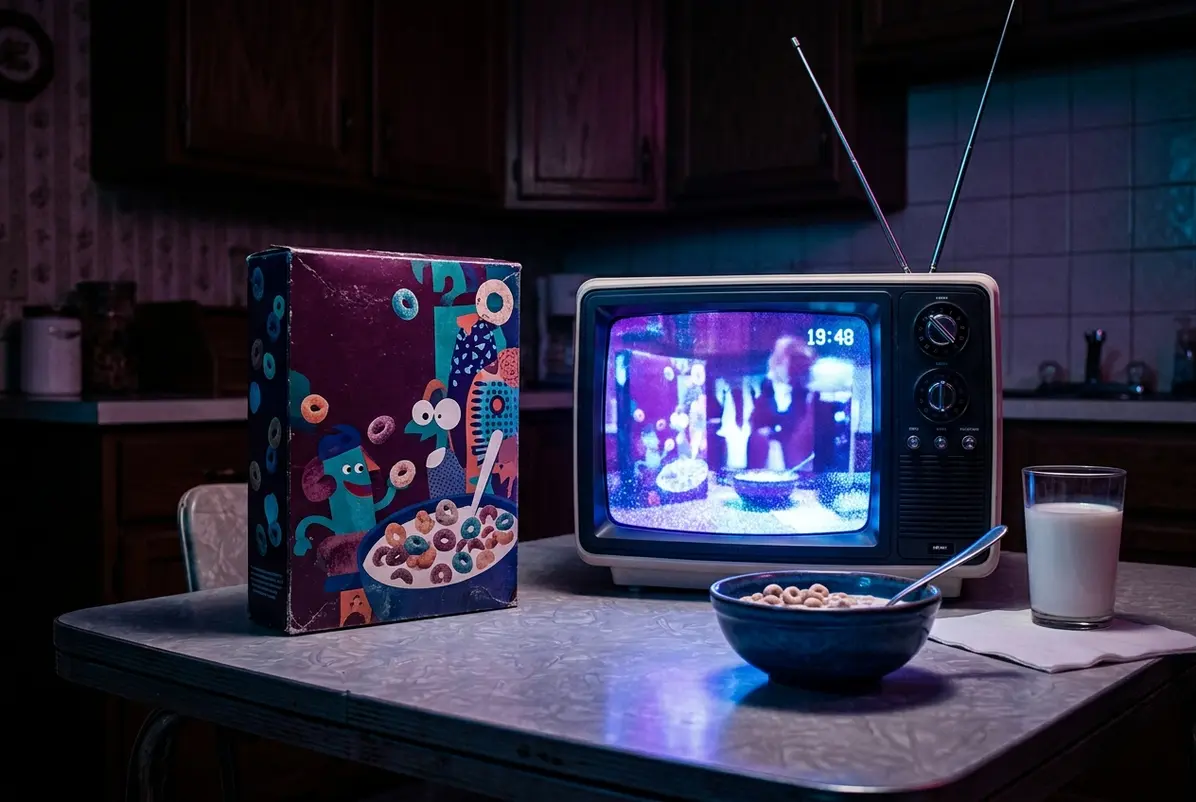 A breakfast table sets the scene for a sponsored cartoon hour.