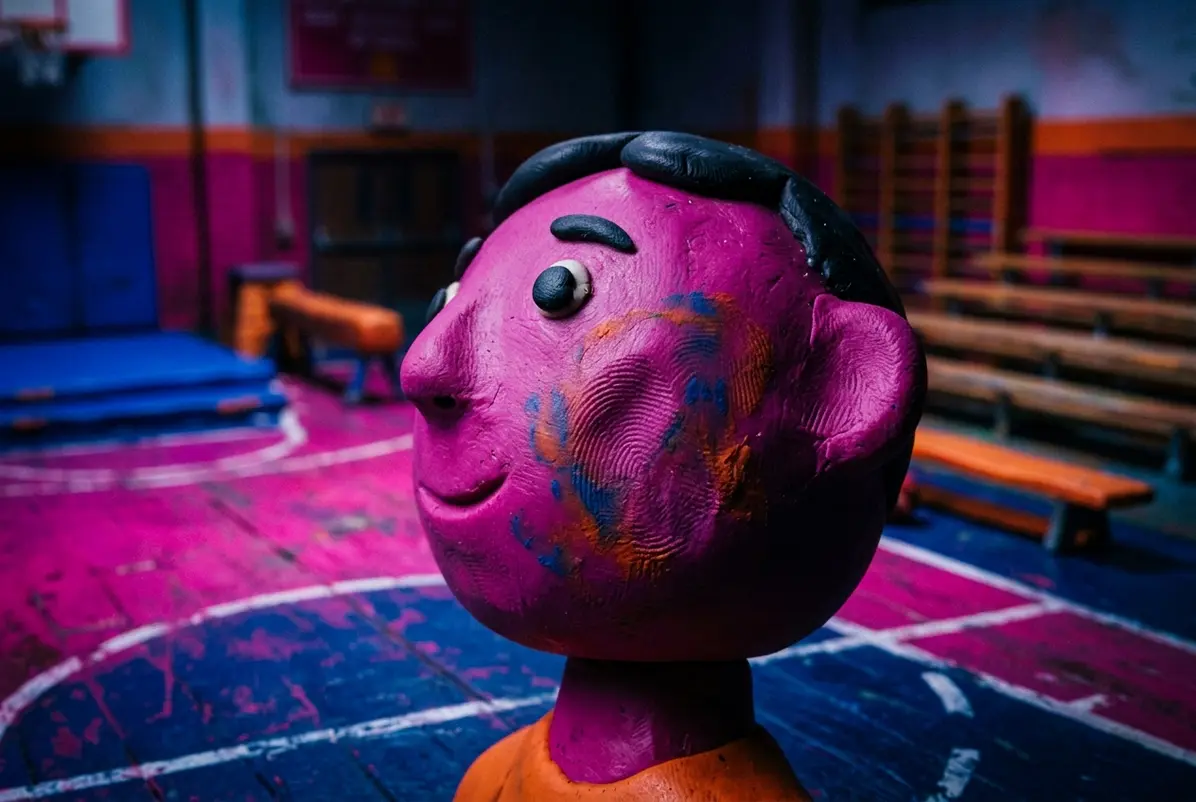 Illustrative pink clay character in a school gymnasium, not a verified still from Ball Face.