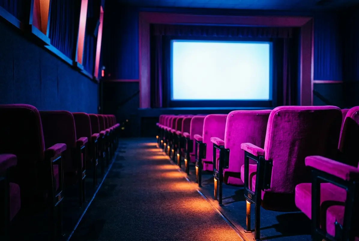 Illustrative cinema interior with pink seats and a blank projection screen.