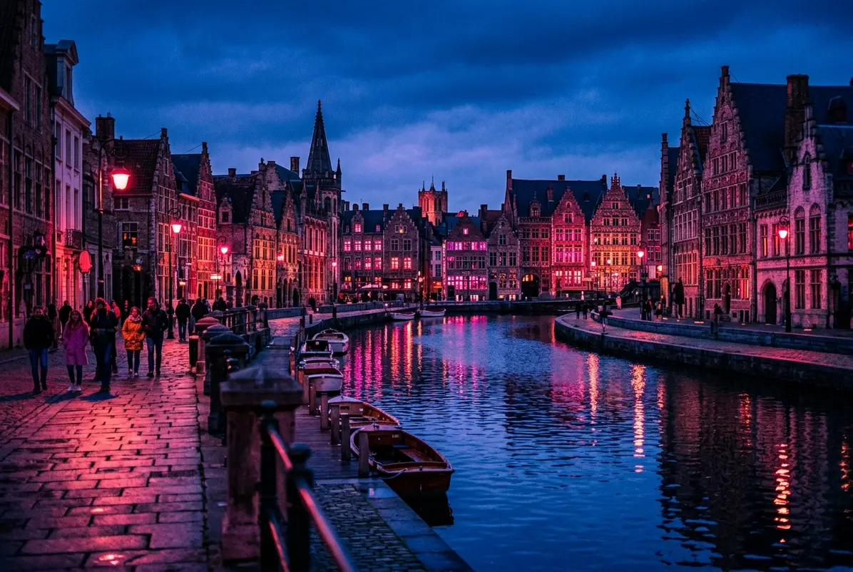 Illustrative canal-side cityscape with historic gabled buildings at dusk.