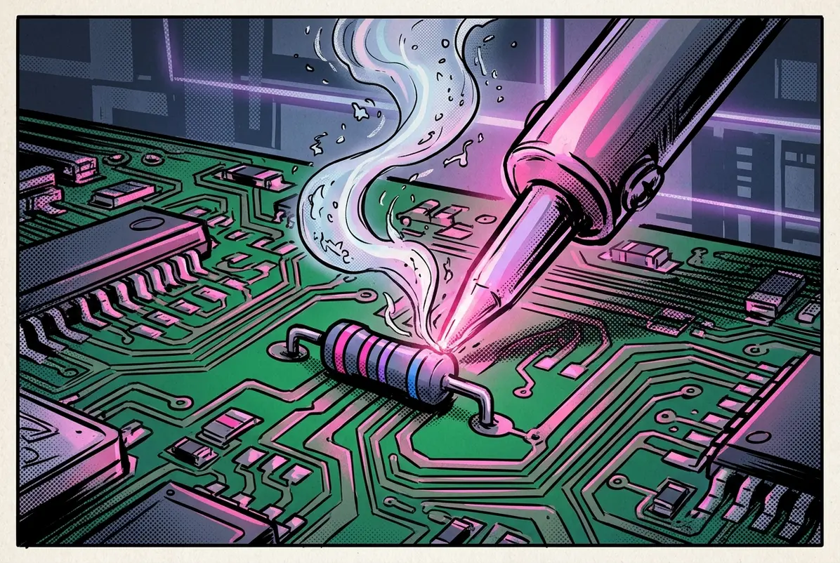 A hot iron tip meets a component lead, the core act of kit building