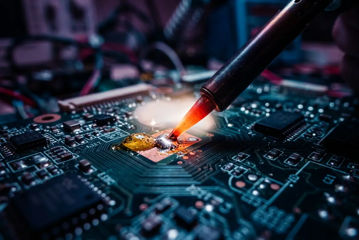 A short conical tip meets a joint on a bare circuit board.