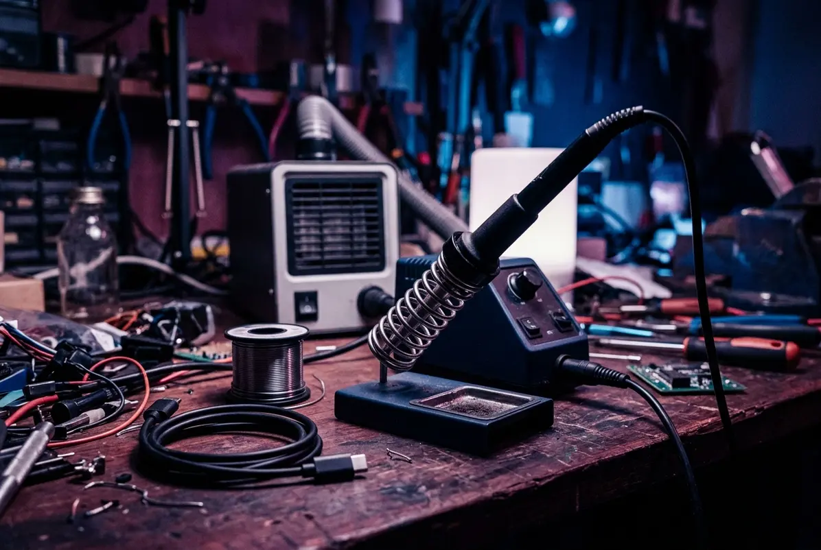 Charger, iron and fume extractor share one corner of a workbench.