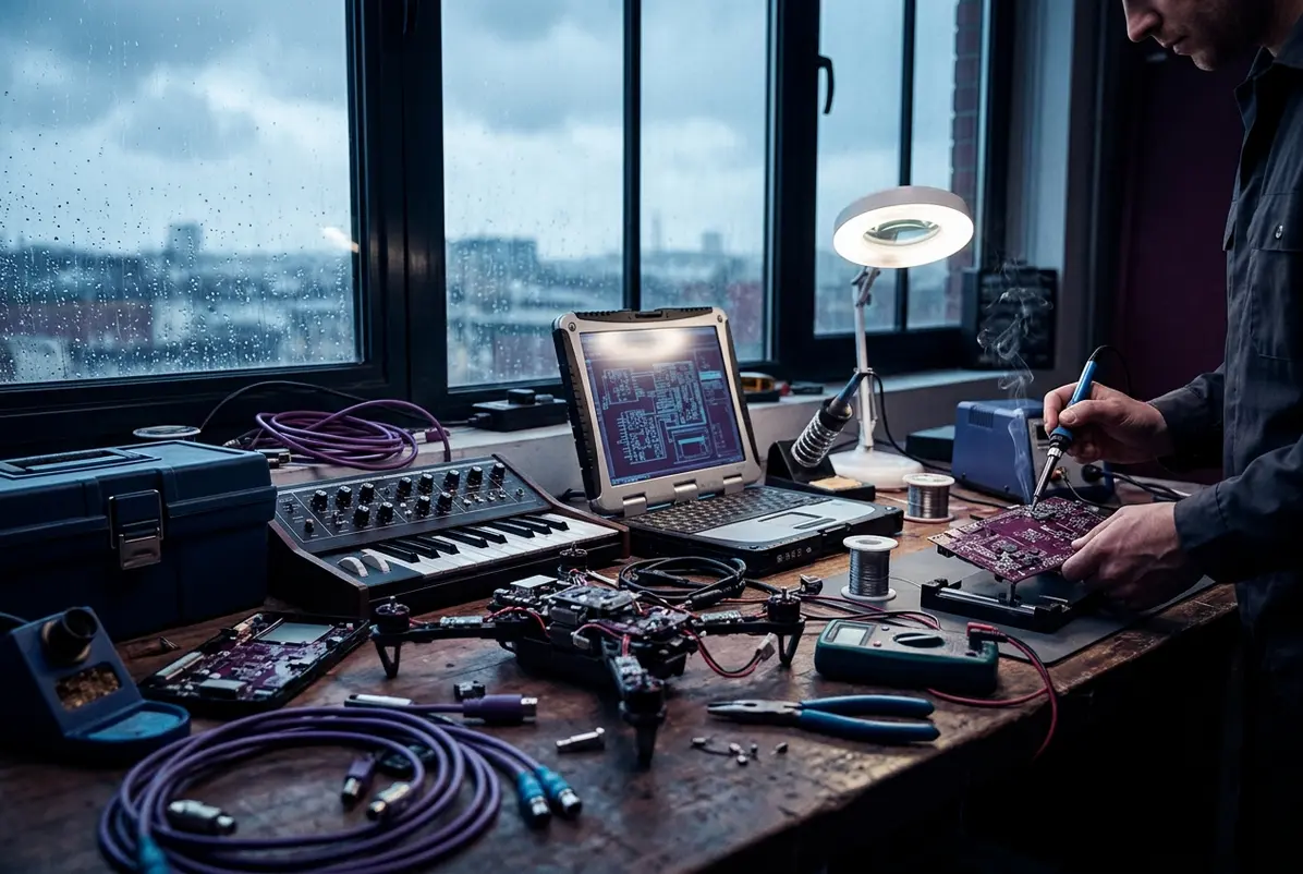 A laptop, cables and opened gadgets crowd one bench under a window.