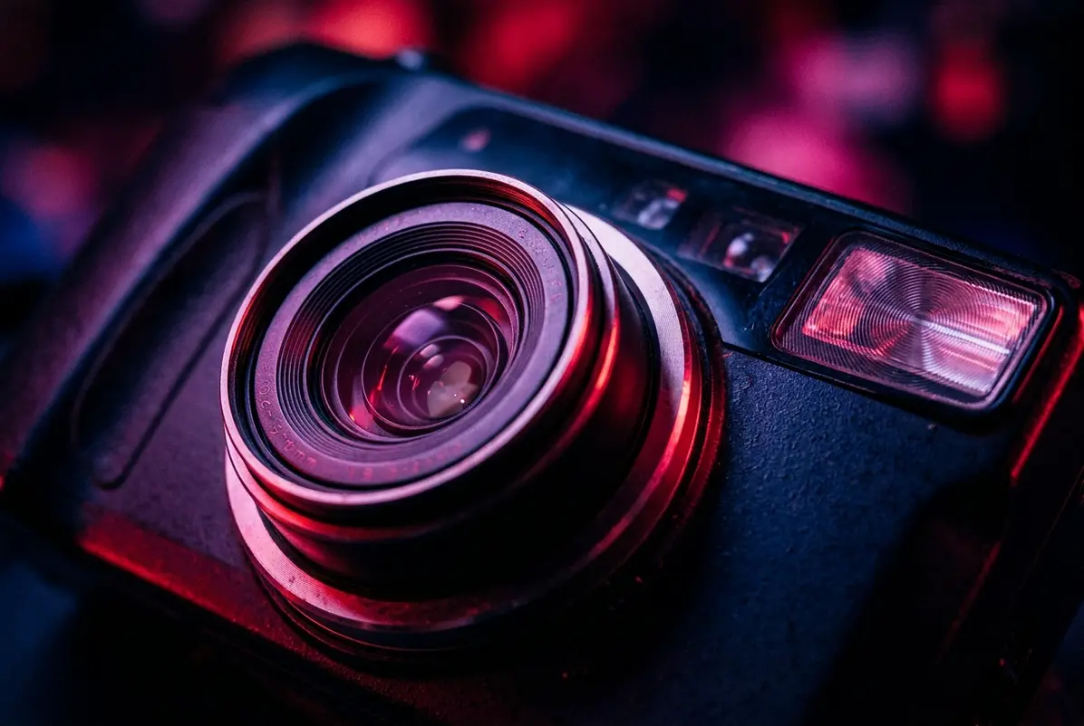 A compact's lens and flash window, the hardware behind the digicam look.
