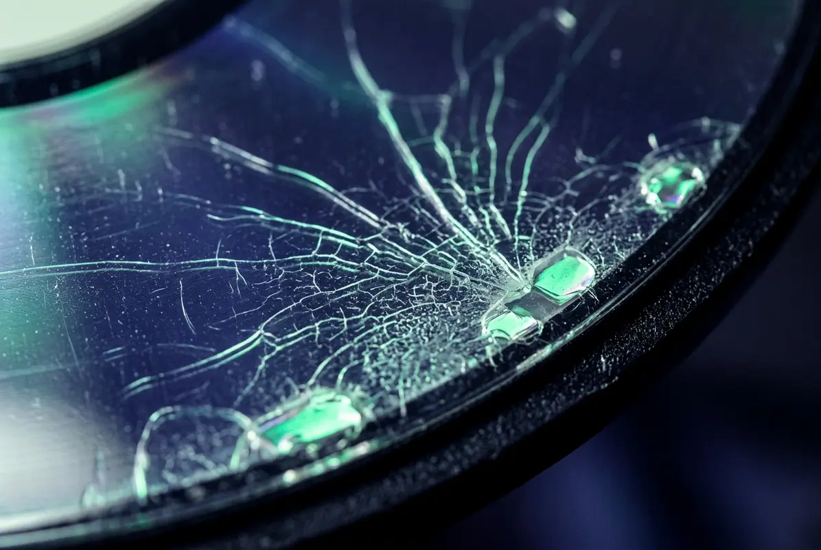 Transparent patches and small dots are possible signs of damage to a LaserDisc's reflective layer.